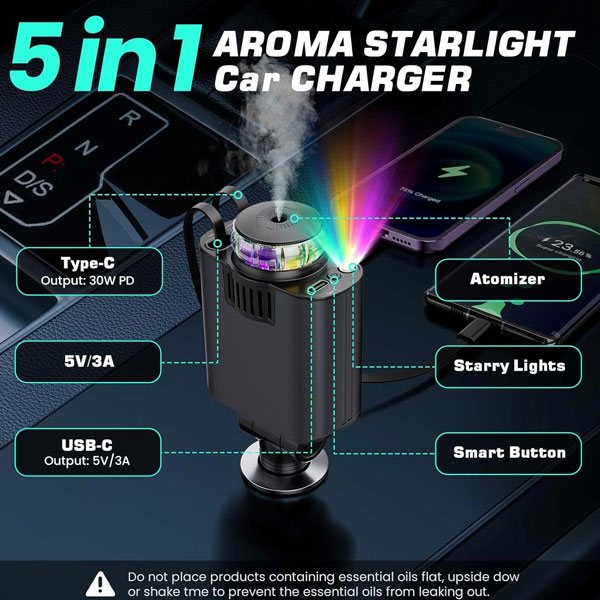 شارژر فندکی و خوشبو کننده خودرو 5 کاره برند starlight مدل D1