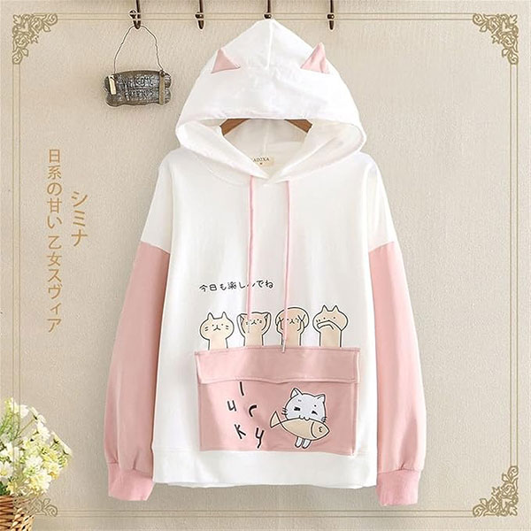 لباس دخترانه ژاپنی انیمه با طرح گربه  Kawaii Hoodie Harajuku